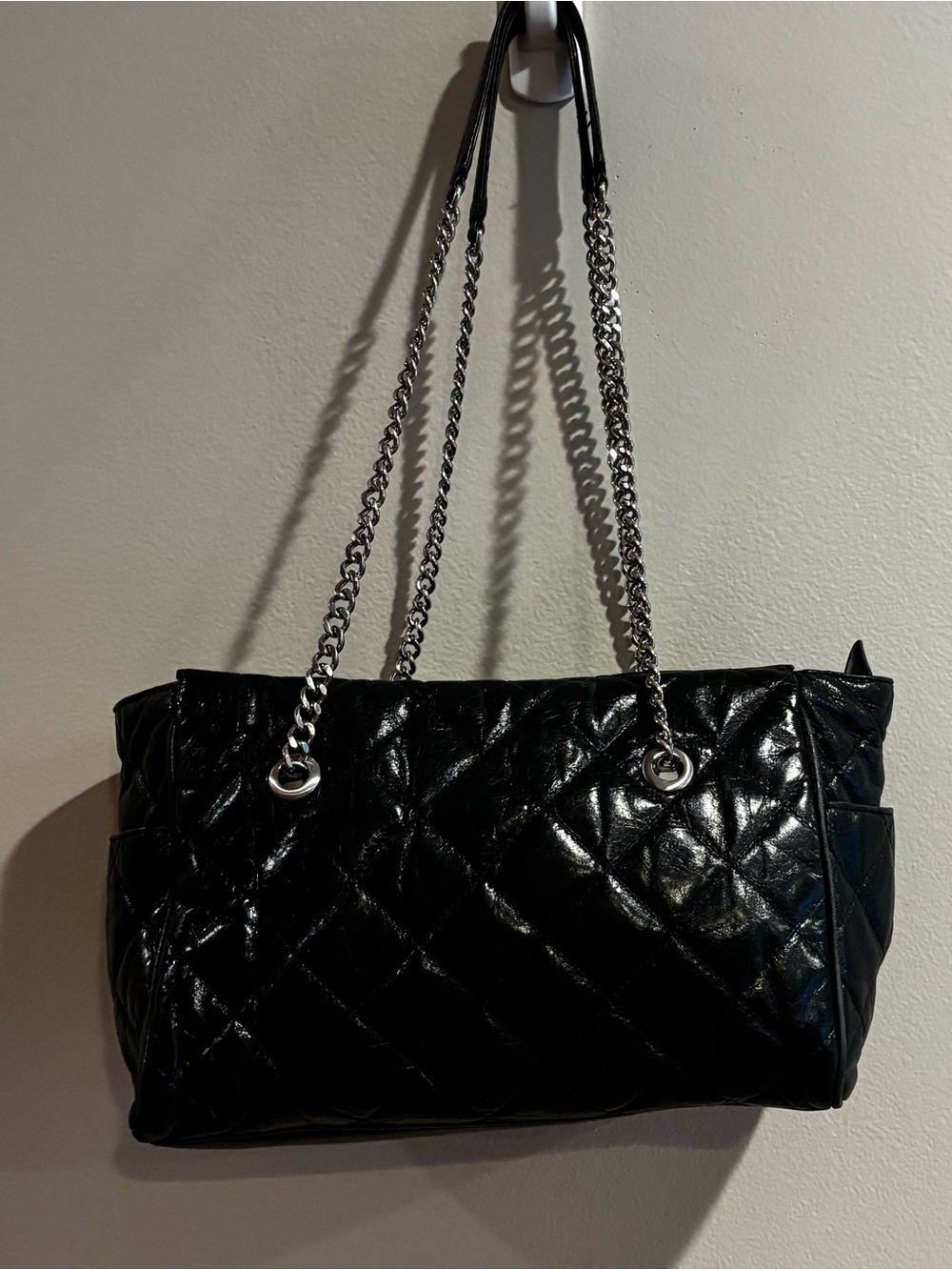 HOBO International black leather quilted shoulder bag silver-tone chain straps